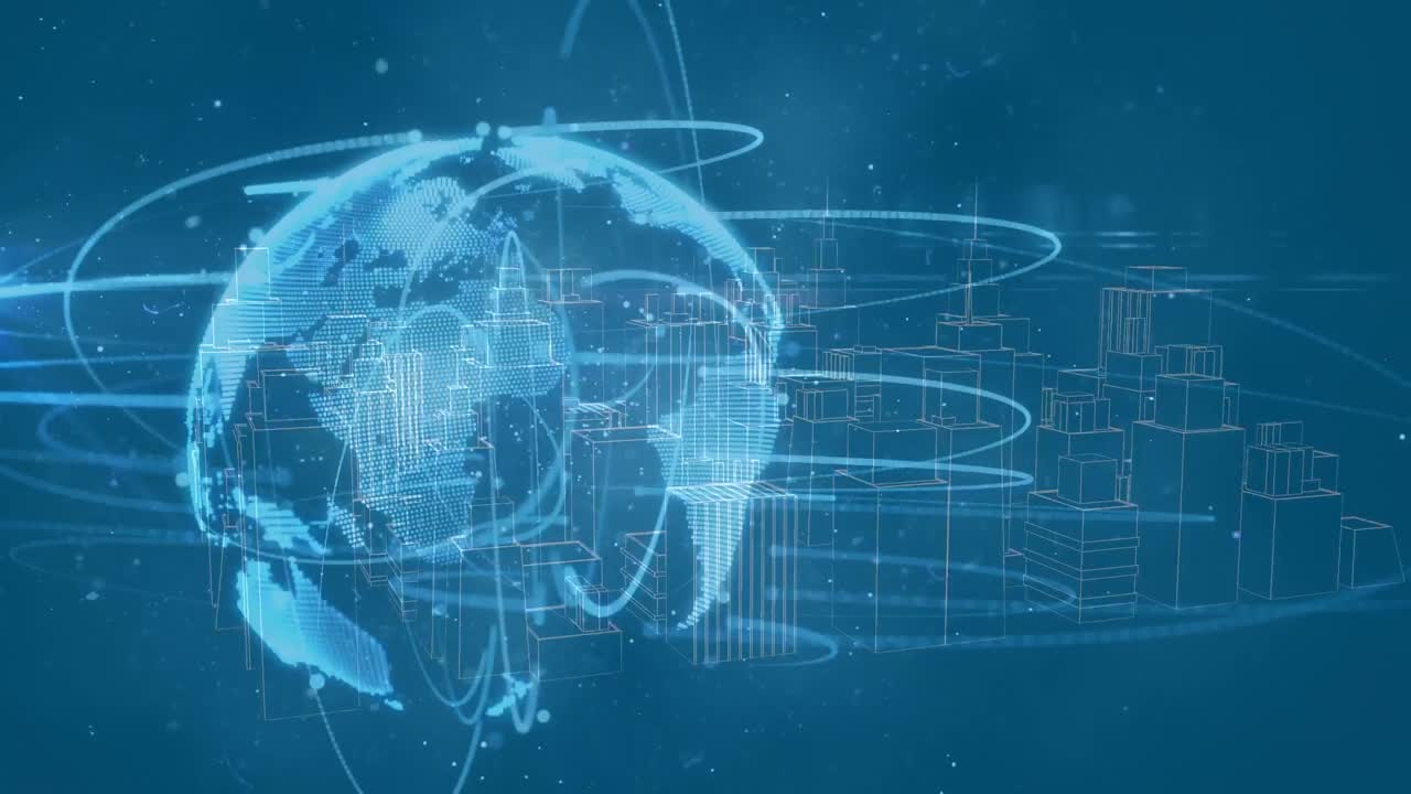 지구 상의 빛의 흔적과 파란색 배경에 회전하는 3차원 도시 모델