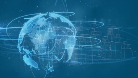 light trails over globe and 3d city model spinning against blue background