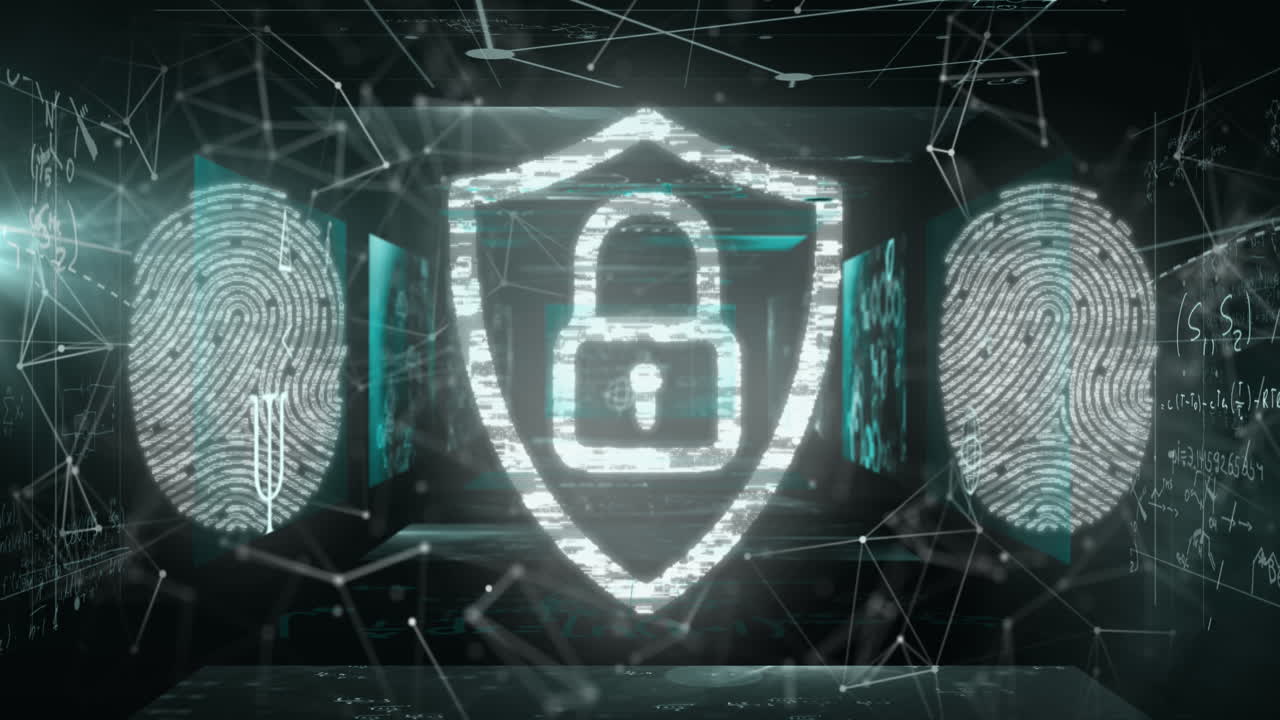 animación del icono del candado sobre el procesamiento de datos y la red de conexiones sobre fondo negro