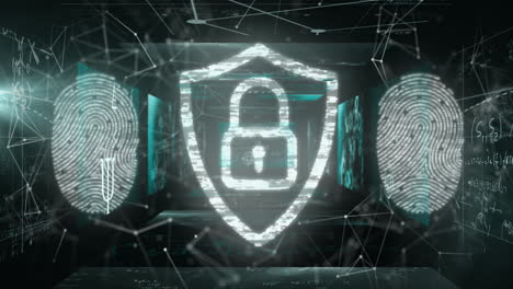 animación del icono del candado sobre el procesamiento de datos y la red de conexiones sobre fondo negro
