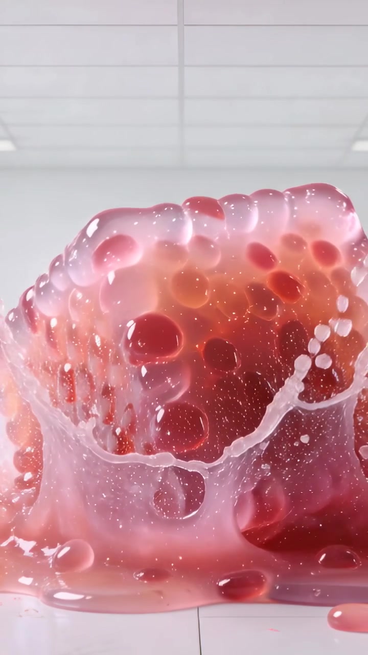 Video verticale: Liquido che si accumula, causando il rigonfiamento e l'afflosciamento di un cubo di gel in studio, lasciando semi rossi.