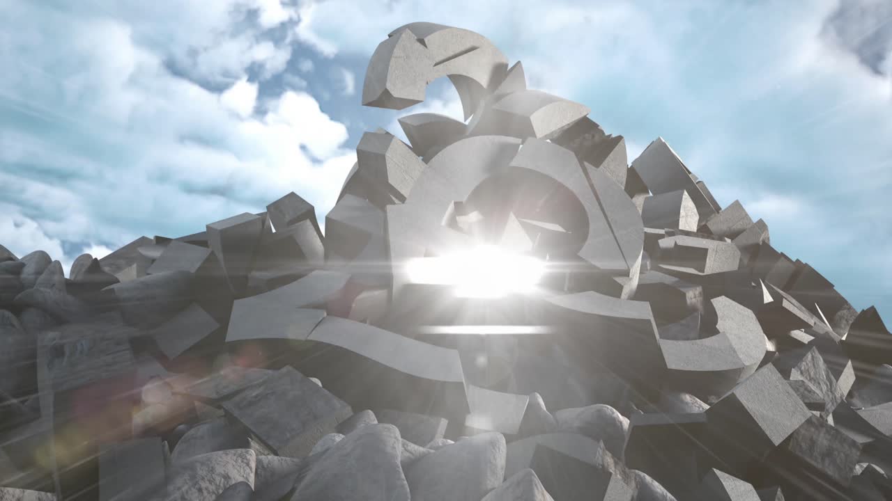 파란 하늘을 배경으로 깨진 유로 기호를 배경으로 밝은 빛의 점의 디지털 애니메이션