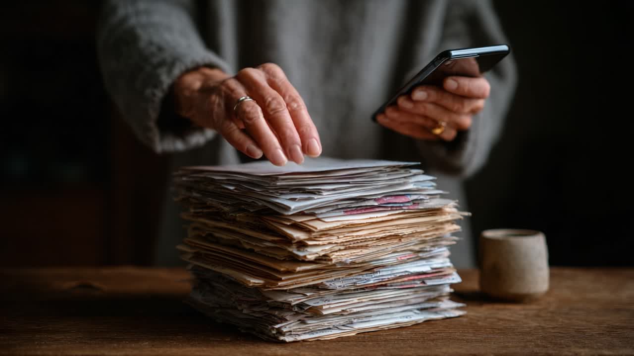 An individual engages with a mobile device while sorting through a substantial collection of papers, symbolizing organization and the intersection of tradition and technology