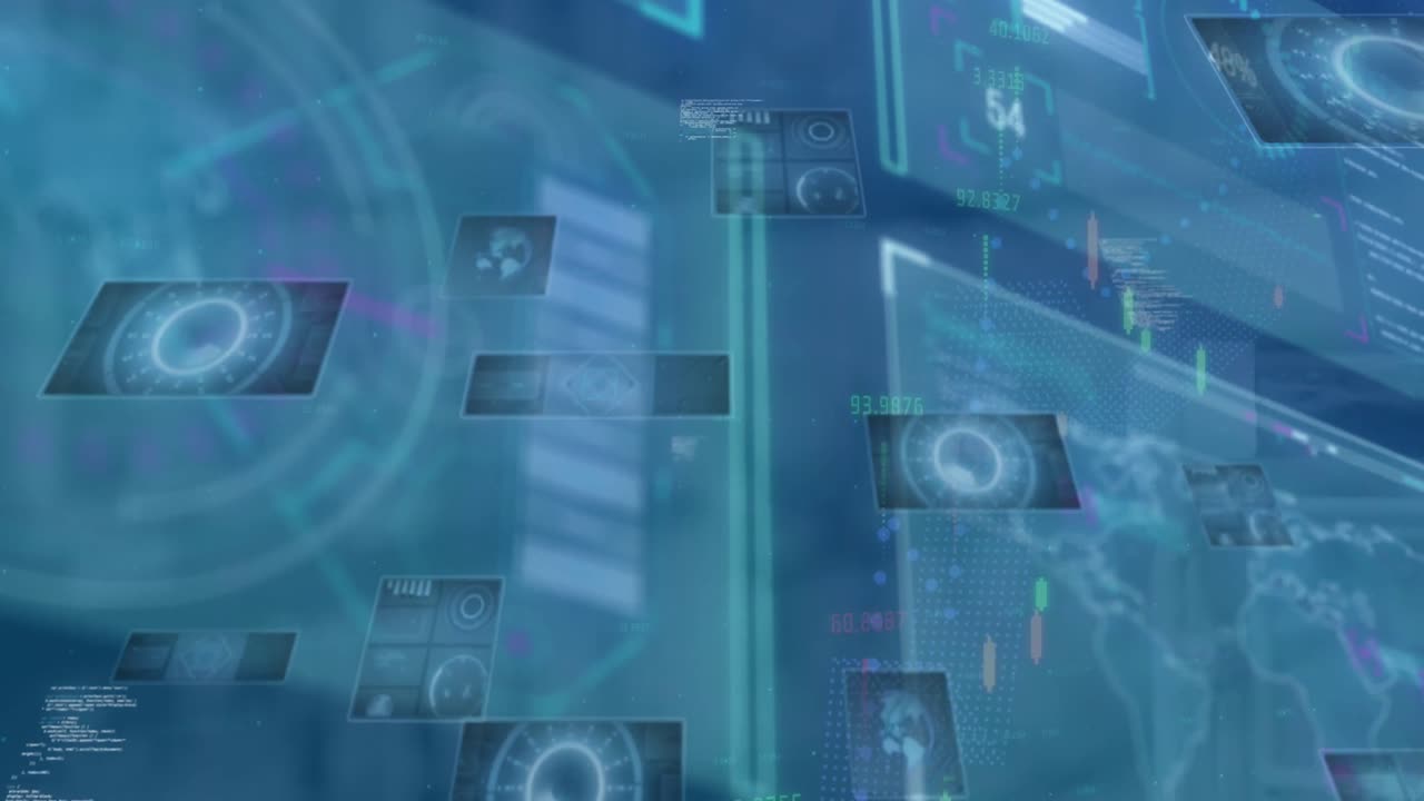 디지털 인터페이스의 애니메이션과 파란색 배경의 스크린에서 데이터 처리가