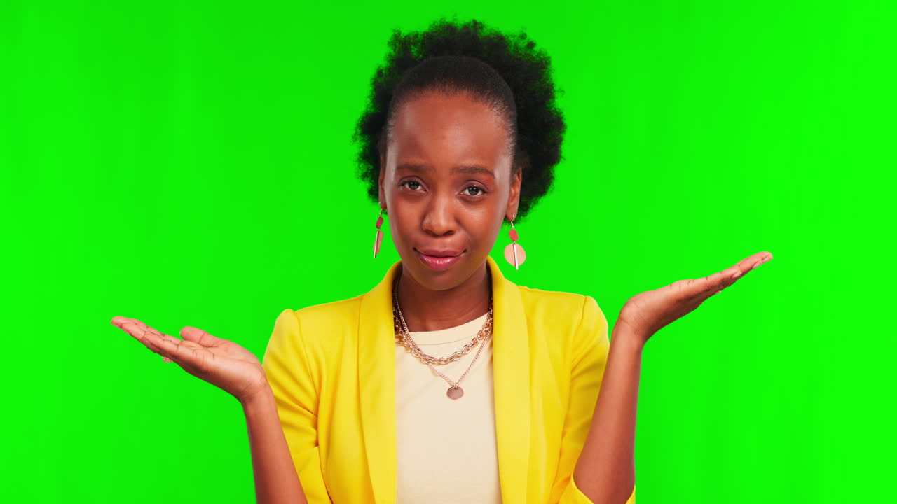 Hands, choice and face of black woman in green