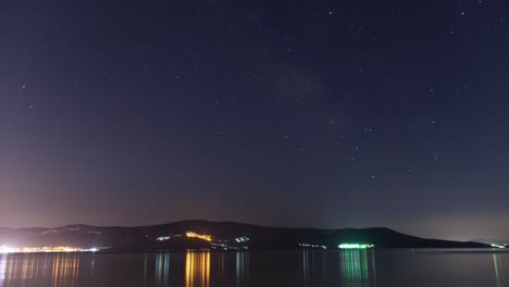 Beautiful-sea-time-lapse-during-night-with-stars-and-city-lights.-Turkey,-Didim