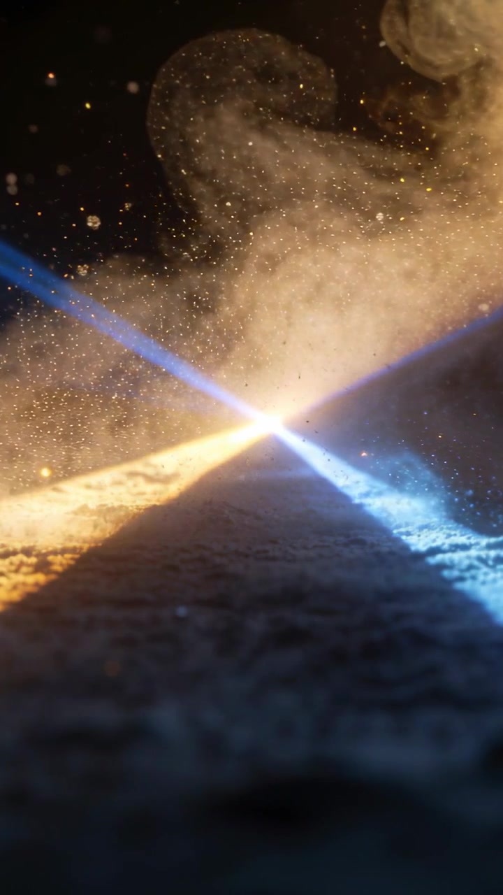 Vertical video: Appearing from sides, blue gold beams hitting sand ridge in studio to create sparks