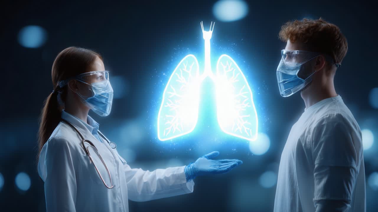 Medical Professional Demonstrating Lungs Visualization with 3D Graphic Technology in a Clinical Setting, Focused on Patient Education and Health Awareness