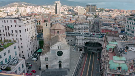 aerial down via xx settembre, view of santo stefano catholic church, genoa