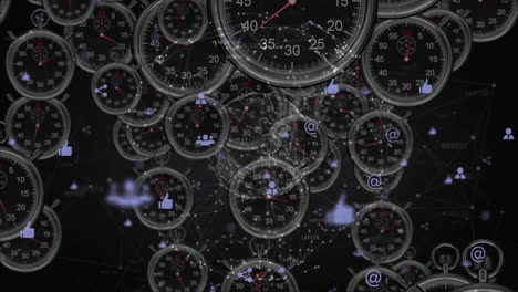 stopwatches and social media icons over digital network connections animation