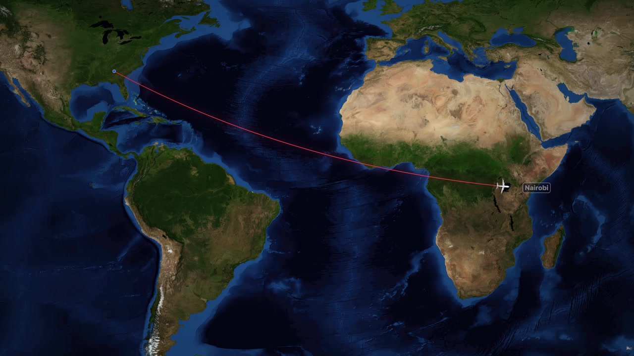 Satellite world map animation follows a plane traveling from Atlanta to Nairobi across the Atlantic