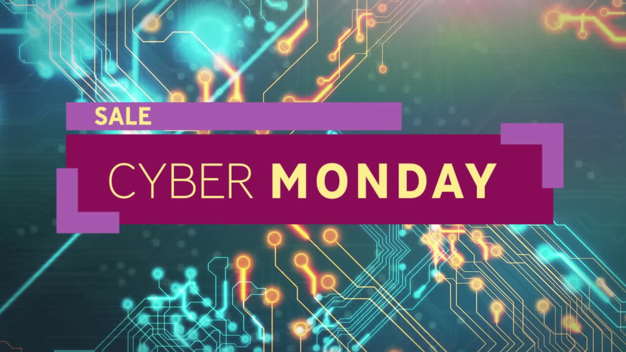 Animation of cyber monday sale text over computer circuit board