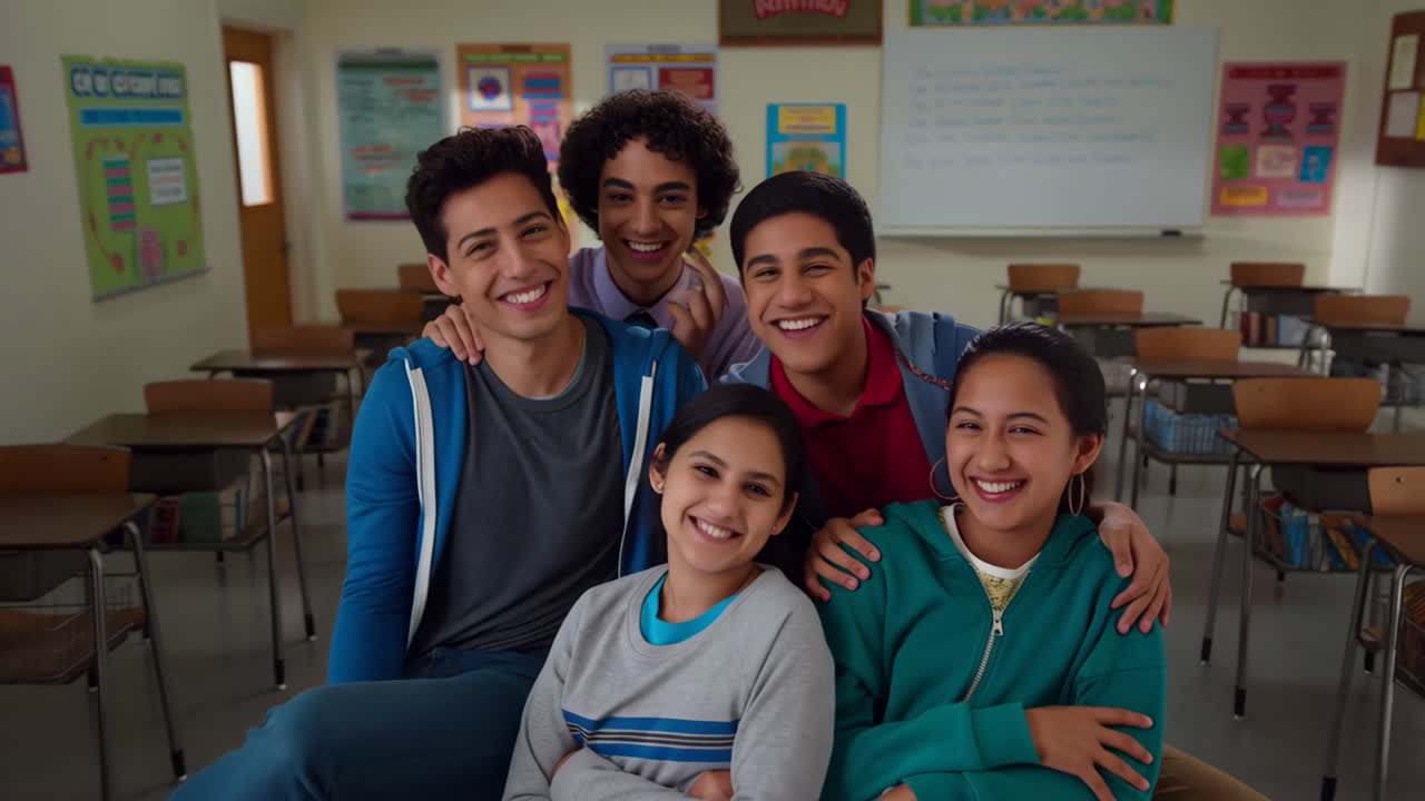 Group of Diverse Students Posing Happily in a Classroom