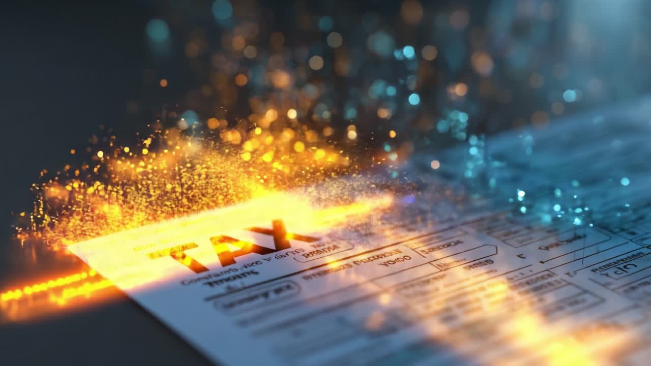 An abstract visual representation of a tax form illuminated with glowing particles, capturing the essence of taxation and financial responsibility, evoking both precision and creativity in fiscal matters