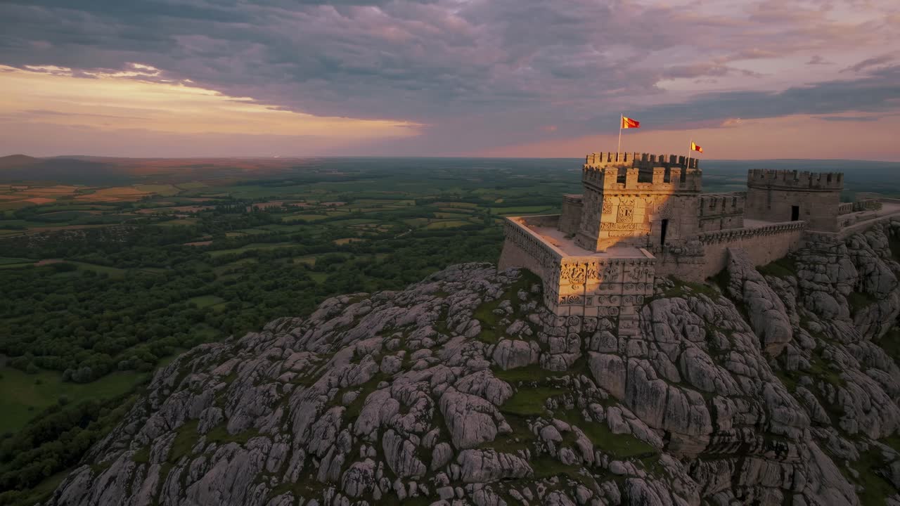 Aerial video captures a medieval castle atop rocky cliffs at sunset, showcasing expansive landscapes