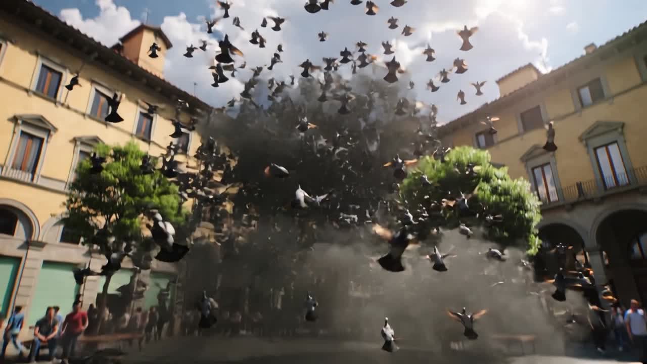 Stormo di piccioni che si alza in volo e si avvolge verso l'alto dalla piazza della città dopo un'improvvisa nuvola di polvere, mentre la folla filma.