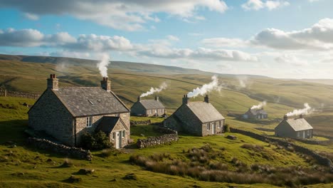 scenic countryside with charming stone cottages and wispy chimney smoke under a bright sky: a serene view of rural life in harmony with nature