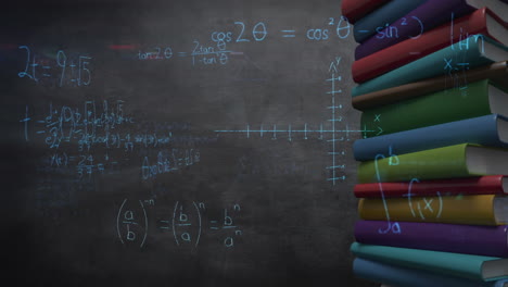animación de ecuaciones matemáticas sobre una pila de libros
