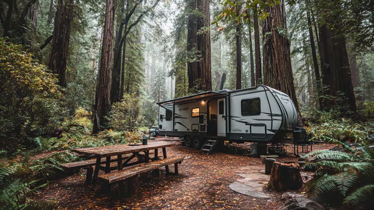 Hyggelig campingferie i fredfyldte skovomgivelser. En moderne campingvogn gemmer sig blandt tårnhøje redwoodtræer. Den er den ideelle flugt for både naturelskere og eventyrlystne.