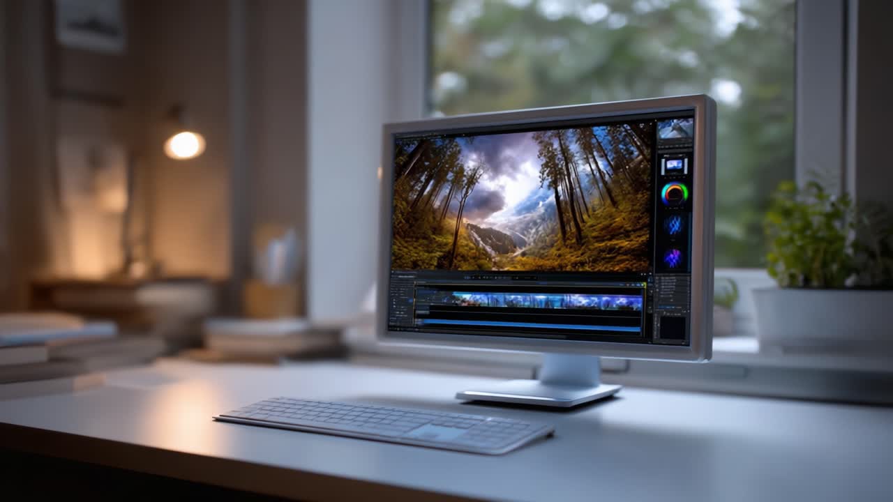 Un’area di lavoro accogliente con un computer moderno che mostra un’incantevole scena di una foresta, illuminata dalla luce naturale proveniente da una finestra vicina