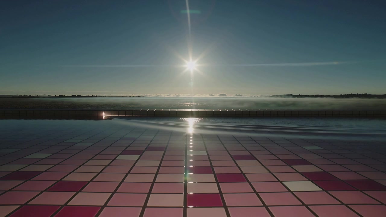Entering small motorboat creating wake through sun reflection at waterfront, disturbing tiles
