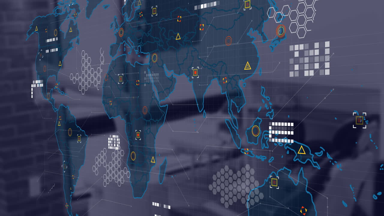 Animation of financial data processing and world map over desk in office