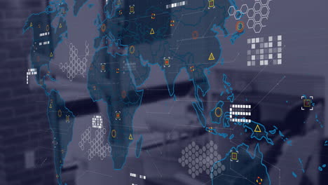 Animation-of-financial-data-processing-and-world-map-over-desk-in-office