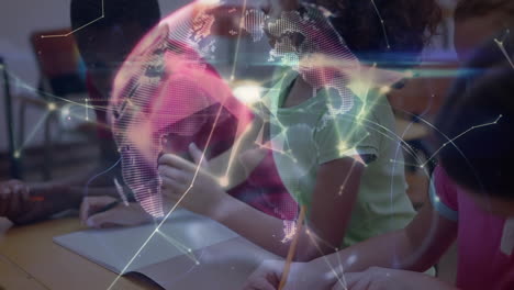 animation of globe and network of connections over schoolchildren writing