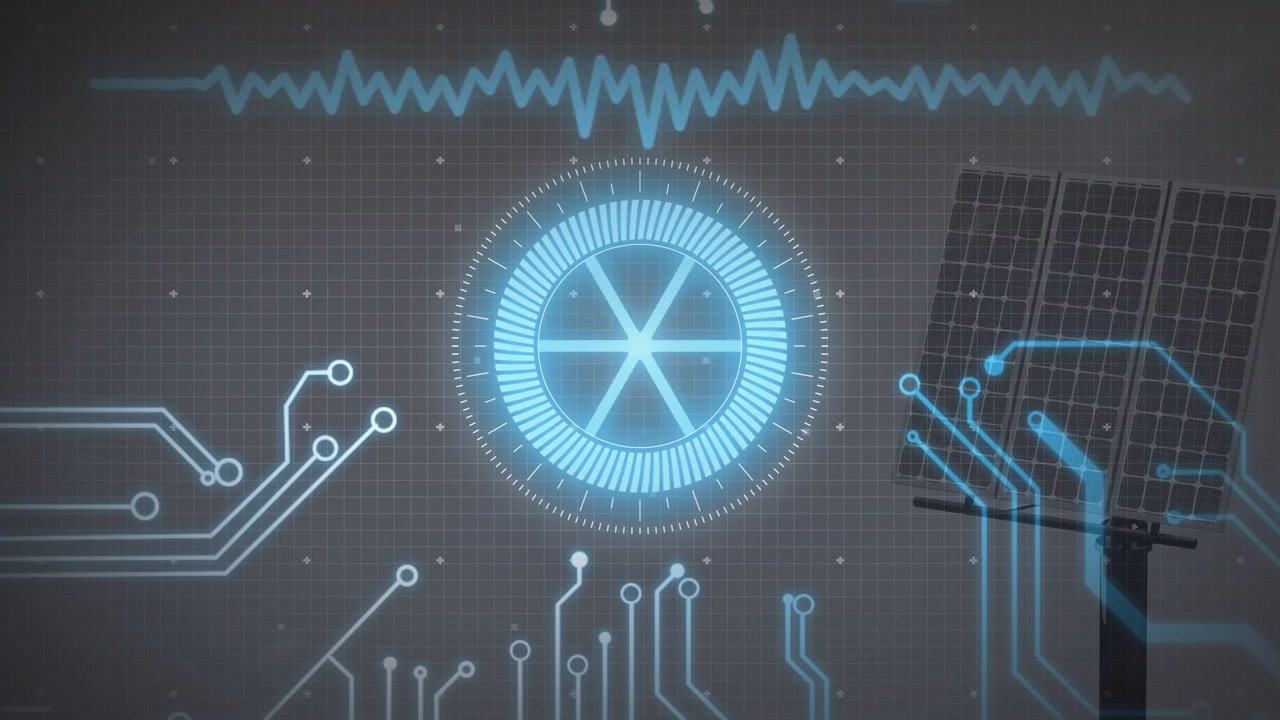 Top waveform pulsing, hub lighting while radial ticks filling, solar panel linking energy flow