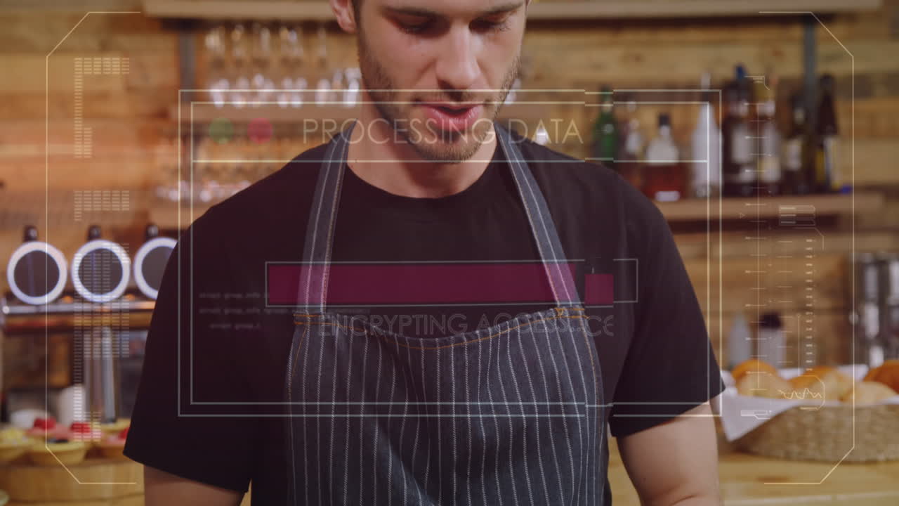 animación de procesamiento de datos con barra de carga sobre hombre caucásico usando tableta digital en un café