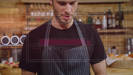animación de procesamiento de datos con barra de carga sobre hombre caucásico usando tableta digital en un café
