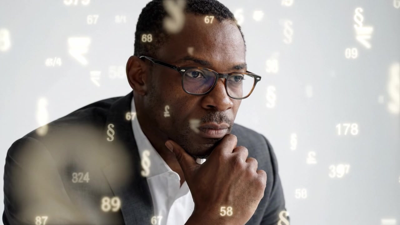 Un uomo d'affari contemplativo che analizza dati finanziari, circondato da simboli di valuta e numeri fluttuanti, in un momento di riflessione sul pensiero strategico e sul processo decisionale.