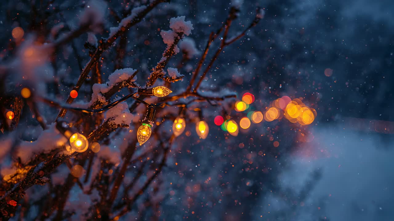 Panning camera revealing snow-covered shrub branch at twilight, glowing bulbs and falling snow