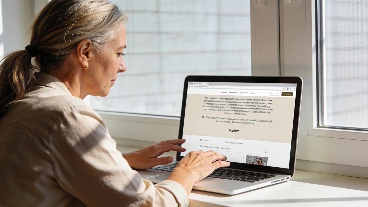 Seeing Return Policy, woman in light top leaning, scrolling laptop at window checking returns