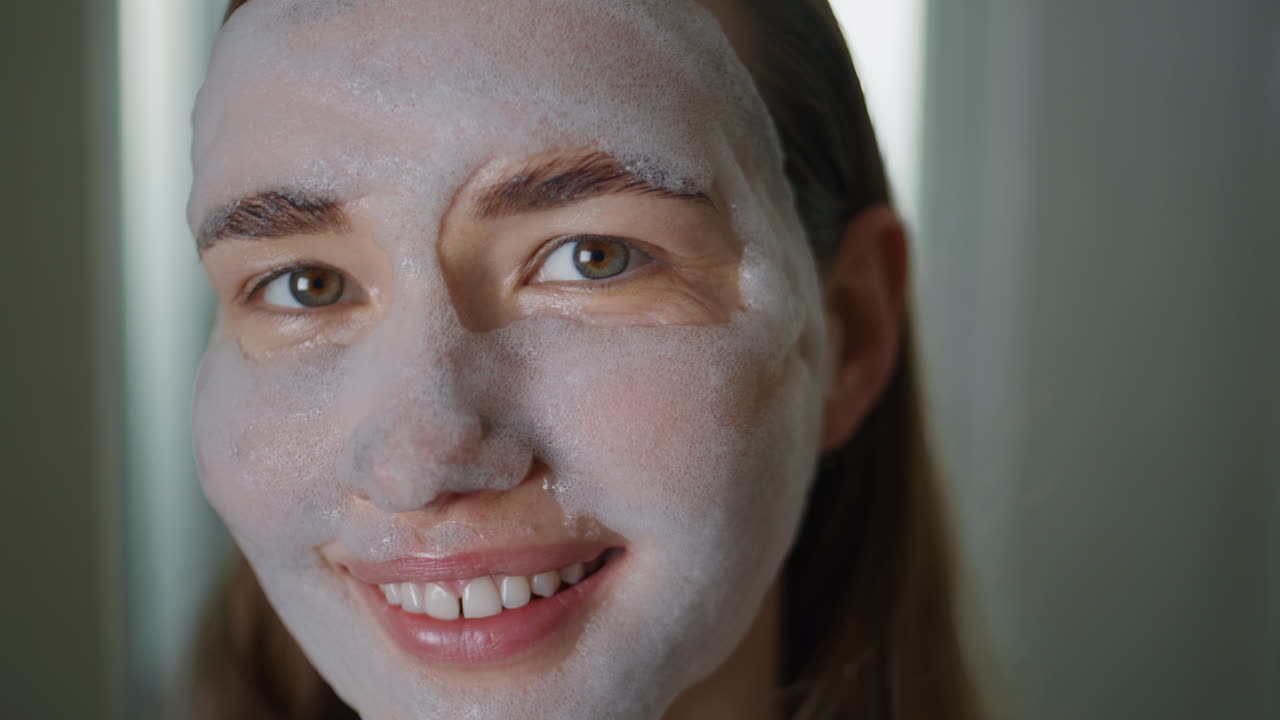 Portrait girl beauty mask doing daily nourishing routine. Smiling spa model