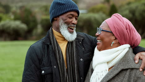 love, laughing or old couple hug in park with joy