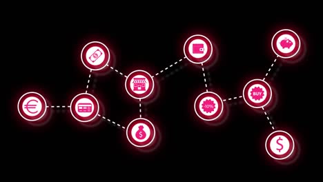 animación de transacciones monetarias de compras minoristas en línea. fondo negro. concepto de comercio electrónico. tecnología omnicanal. 4k