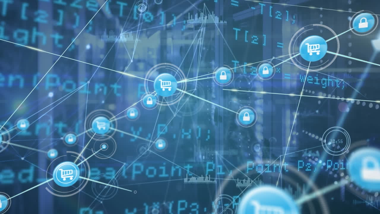 Animation of network of connections with icons over server room and data processing