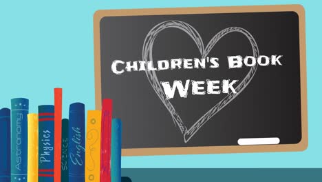 Animation-of-children-book-week-text-over-blackboard-and-books-on-blue-background