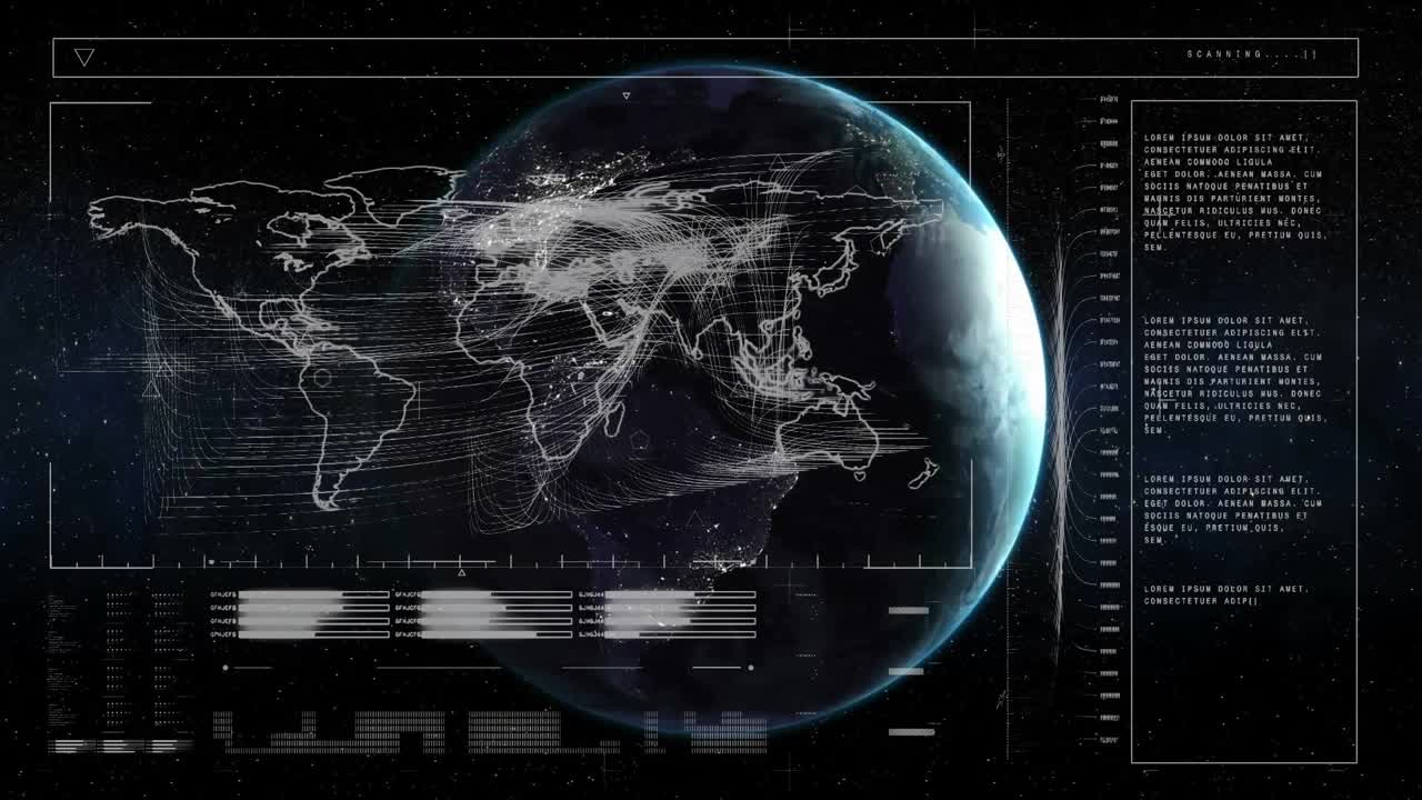 Scan icon appearing initiating globe rotating while map lines animating for showing network data