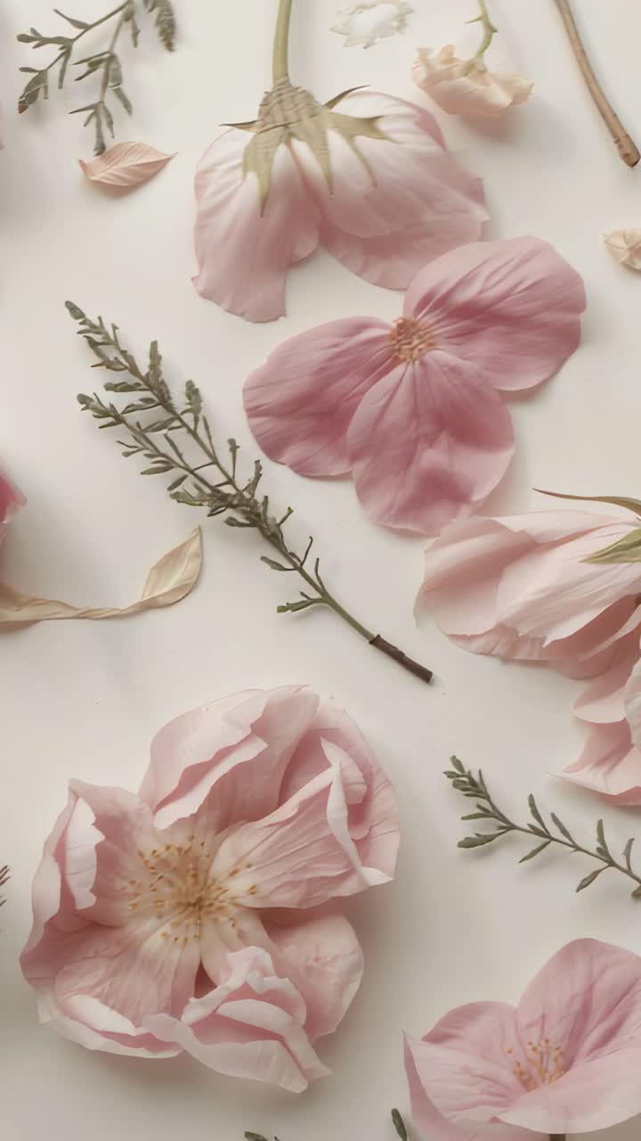 Video verticale: Telecamera in panoramica che rivela un fiore rosa in basso mostrando petali e ramoscelli su un tavolo bianco.