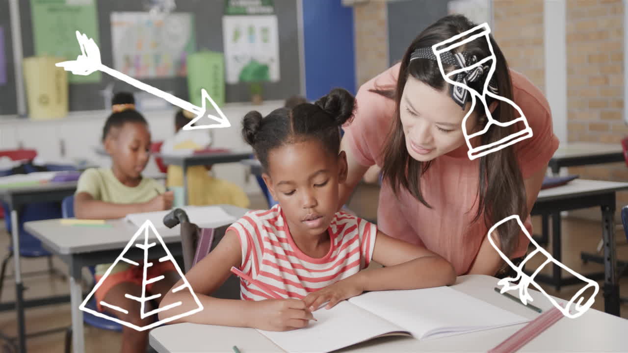 maestro ayudando al estudiante con la tarea, animación educativa sobre la escena del aula