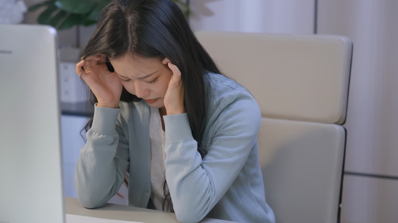 Donna d'affari stressata che studia o lavora fino a tardi di notte a casa, tenendosi la testa tra le mani per la disperazione a causa del superlavoro, del multitasking e delle scadenze serrate che le causano un esaurimento nervoso.