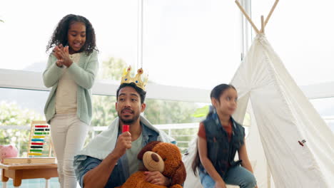 teddy bear, father and girl children with crown