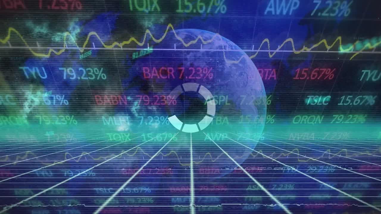 animación del globo con conexiones y procesamiento de datos financieros