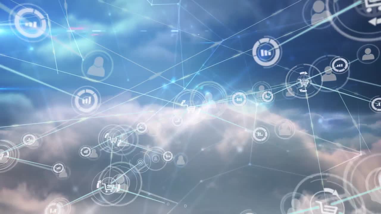 animación de la red de información y iconos de compras que transfieren datos a través de nubes de rápido movimiento