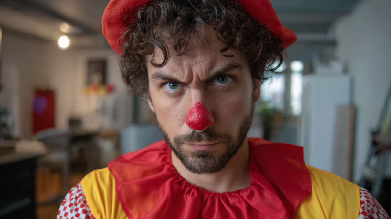 Un intenso attore travestito da clown cattura il pubblico con un'espressione seria e un costume tradizionale in un ambiente moderno al chiuso