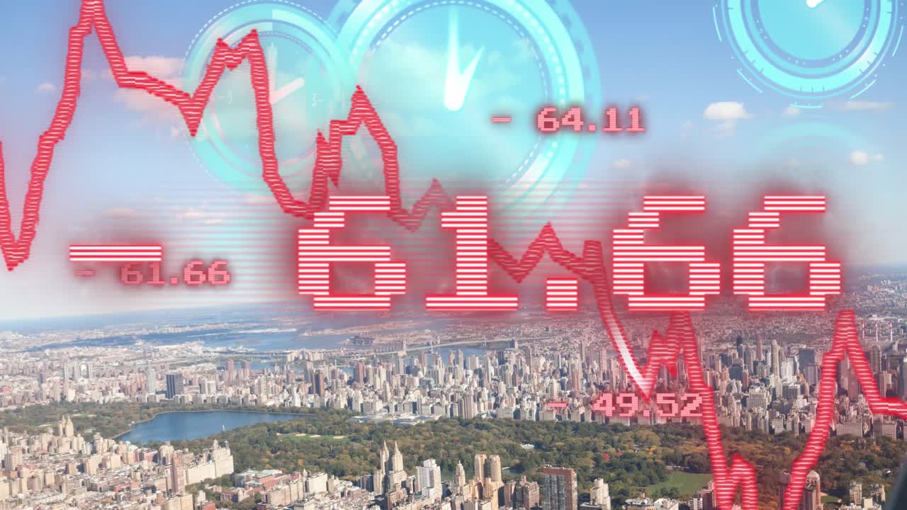 도시 풍경 위의 데이터 처리 및 시계의 애니메이션