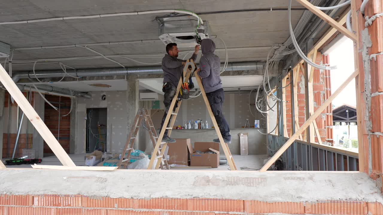 Two Men Installing Air Conditioning Unit on Construction Site