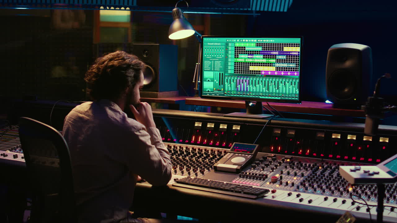 productor de sonido de edición de música con consola de mezcla y conmutadores